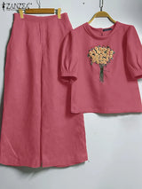 Floral Embroidery Linen-Style 2-Piece Set