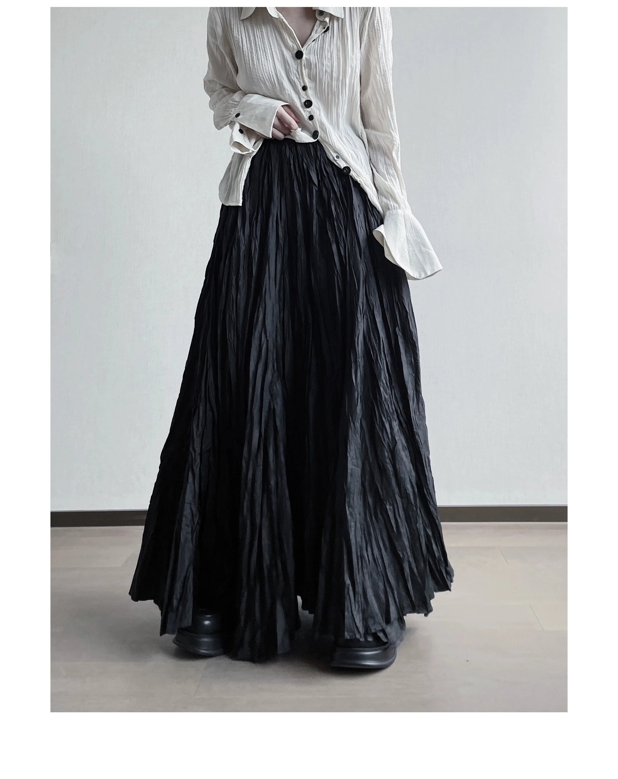 UMI MAO Irregular Fold Maxi Skirt – Elegant A-Line