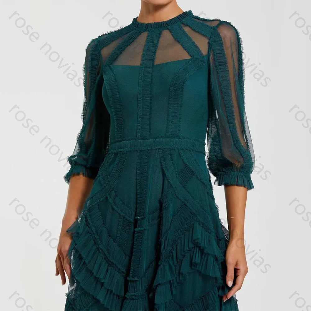Customized Green Tulle High Quality Evening Dresses O-neck for Floor-Length Tiered A-line for Formal Evening Vestidos De Fiesta