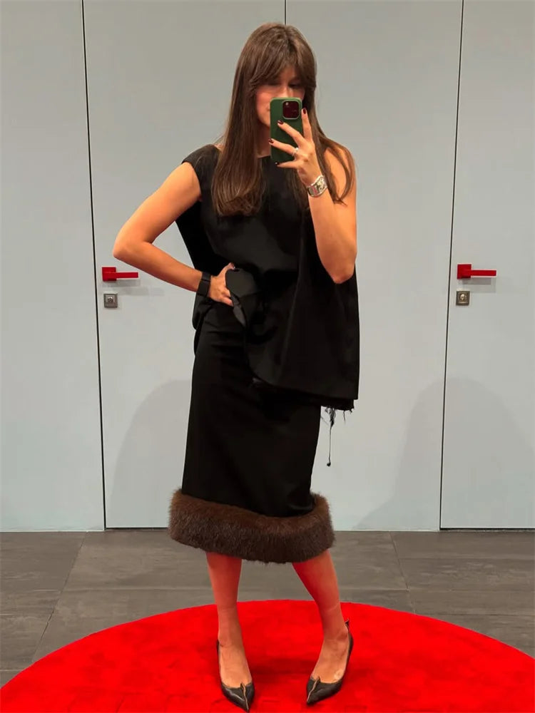 Elegant Fur & Feather 2-Piece Maxi Set