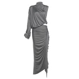 SIsterlinda Unique Irregular Women 2 Piece Set Solid Swinging Pleated Single Full Sleeve Turtleneck Tops+Matching Split Skirts