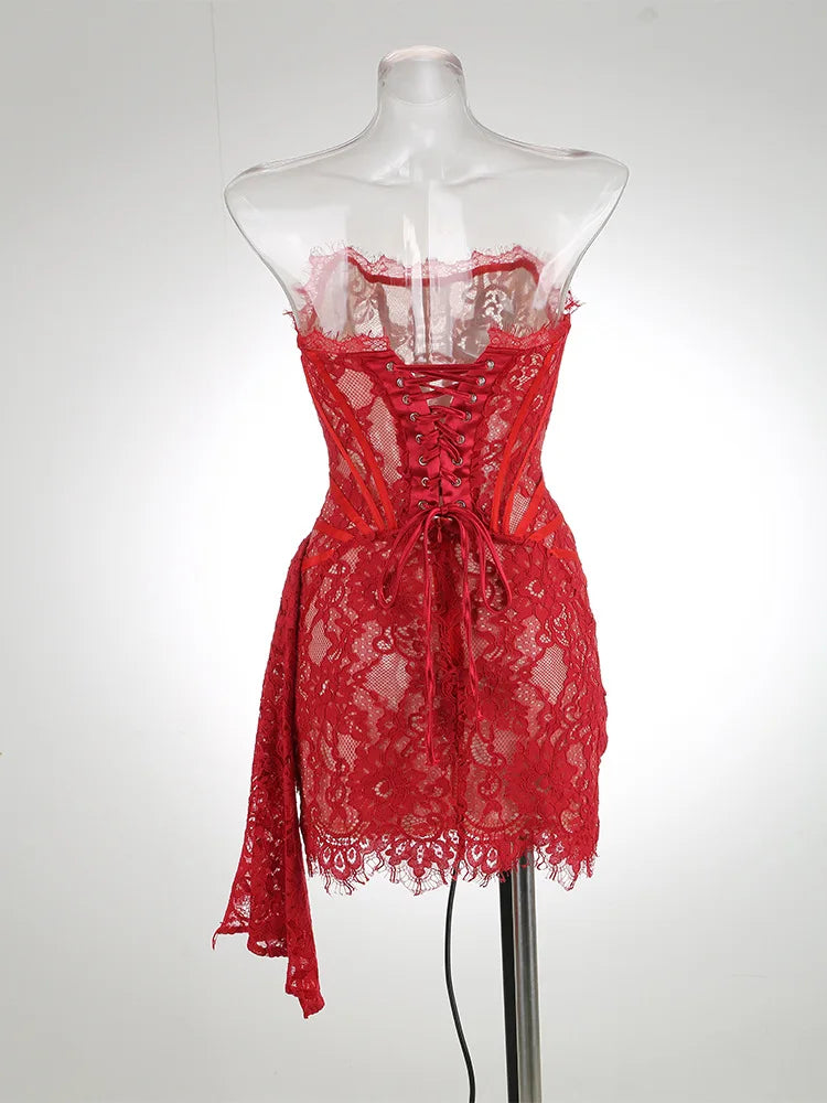 Strapless Lace Mini Dress – Elegant Sheer Patchwork Slim Fit Evening Dress