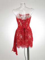 Strapless Lace Mini Dress – Elegant Sheer Patchwork Slim Fit Evening Dress