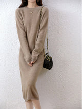 100% Merino Wool Long-Sleeve Midi Sweater Dress