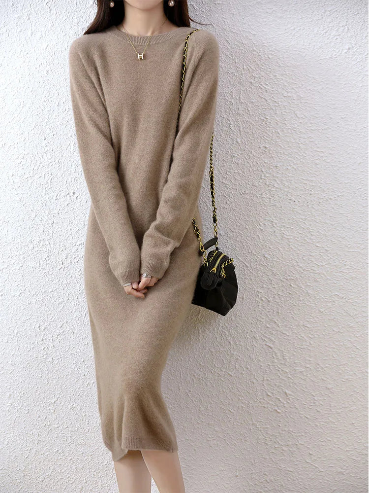100% Merino Wool Long-Sleeve Midi Sweater Dress