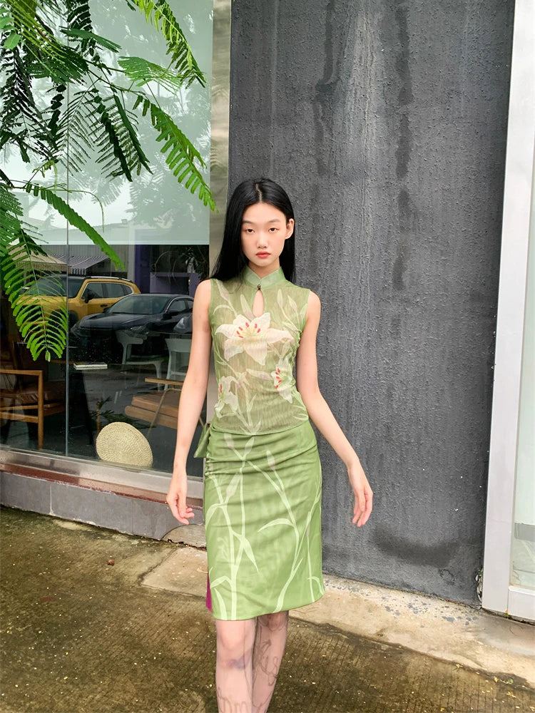 CHEERART Two Piece Set For Women Elegant Summer Outfit Green Lily Floral Vintage Top And Skirt Set Ladies Clothes 2024