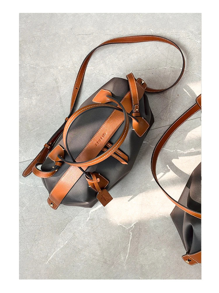 Women's Nylon With Genuine Leather Zipper Tote Lightweight Soft Travling Bags Versatile Style Handbag Different Colors And Size