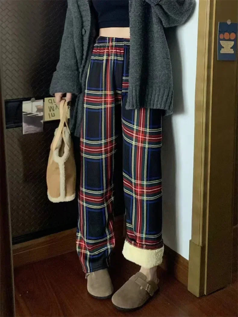 Plaid Plush Wide-Leg Trousers