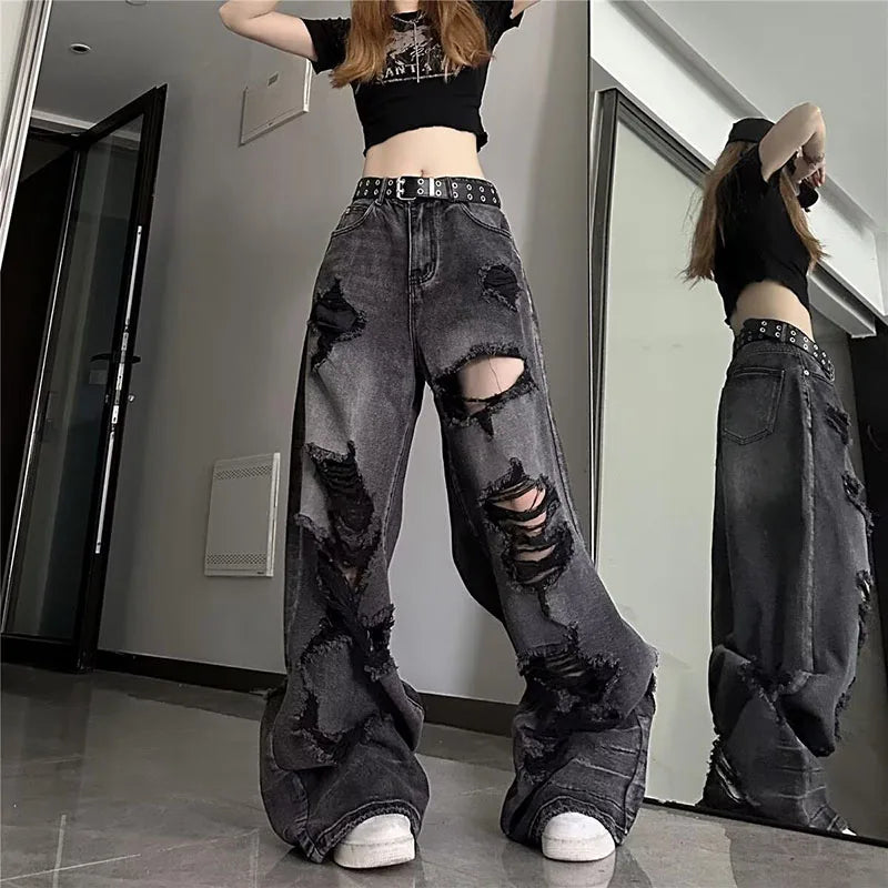 Vintage Black Ripped Wide-Leg Jeans for Women