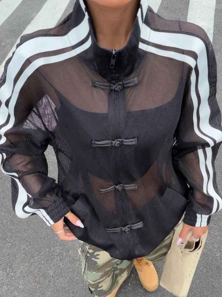 Women's Sheer Striped Stand-Collar Layering Jacket