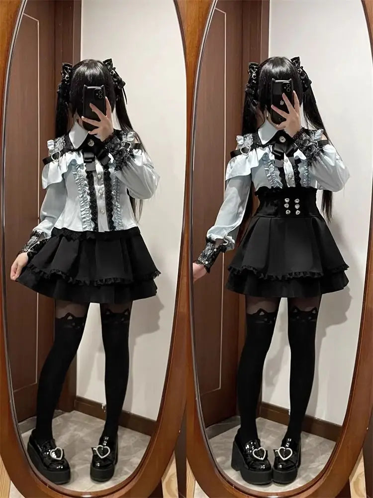 High Waist Lolita School orm Set Winter Faion oulder Bared irt And  Skirt Spicy Girl Clete Outfit Polyester ...