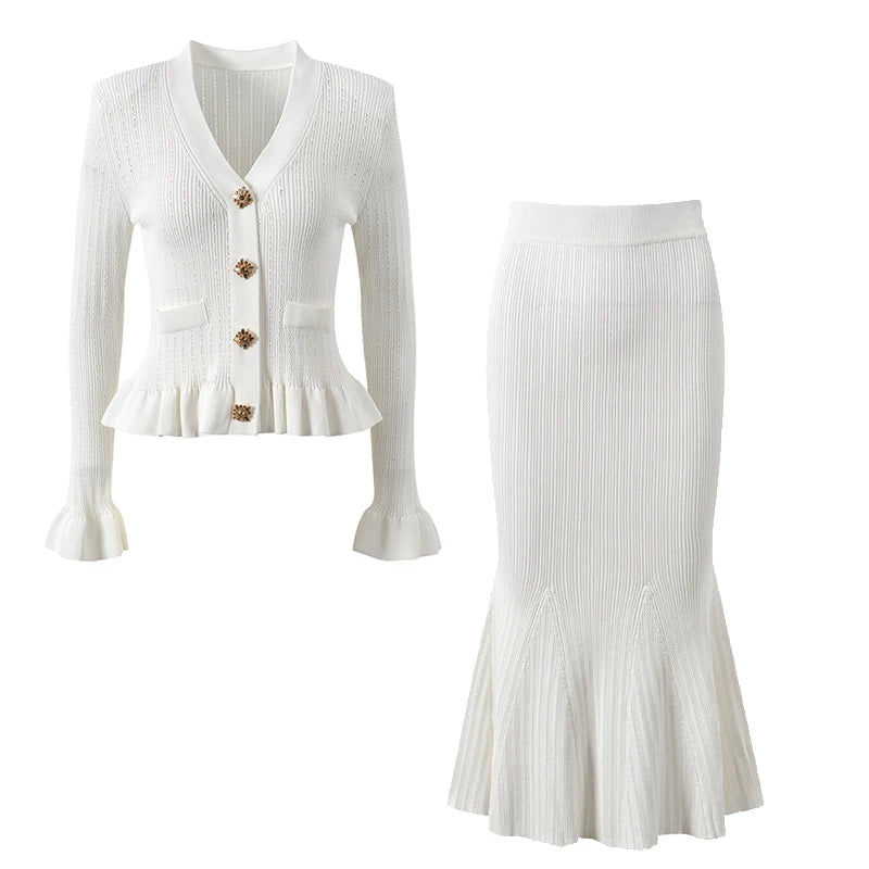 Elegant V-Neck Knit Mermaid Skirt Set
