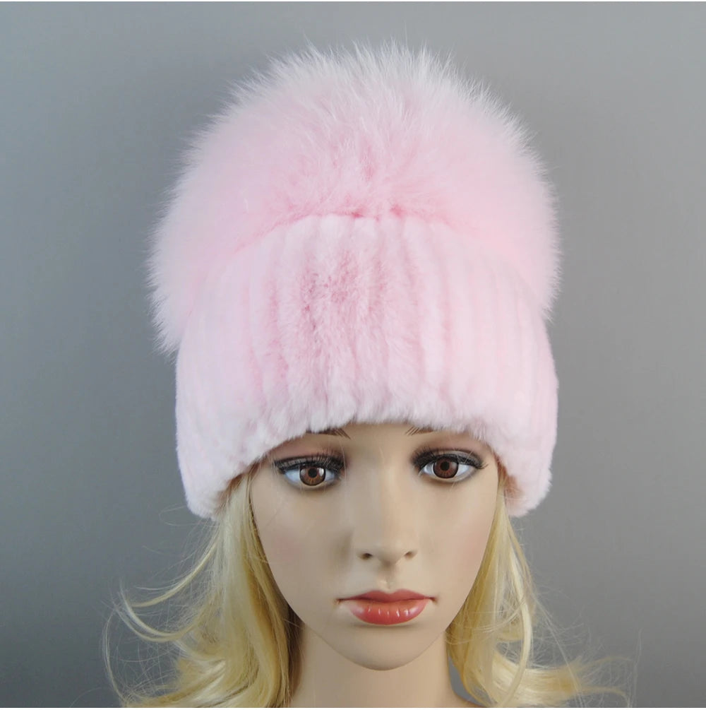 Women's Luxury Rex Rabbit & Fox Fur Beanie Hat