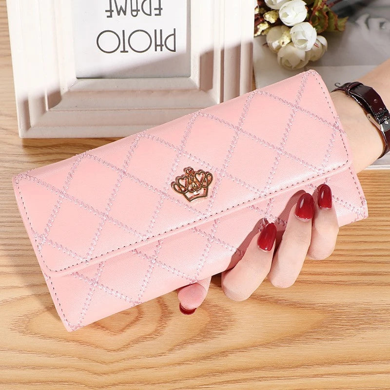 Women PU Leather Black Long Wallet Diamond Pattern Purse Large Capacity Card Holder Crown Buckle Ladies Phone Bag Girls Gifts