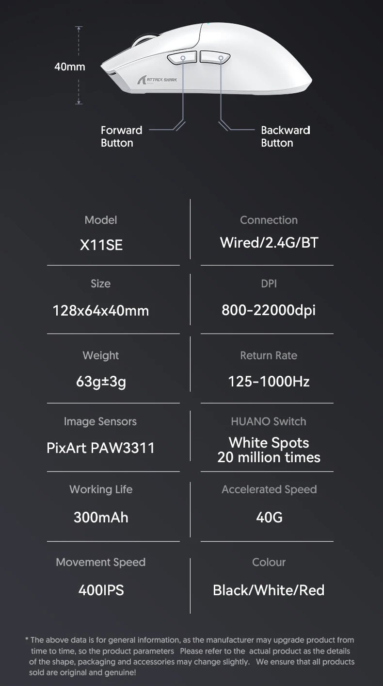 X11 ATTACK SHARK X11SE Bluetooth Gaming Mouse PAW3311 Sensor 22000DPI Macro Drivers and 1000 Hz Polling Rate for Wireless Mouse