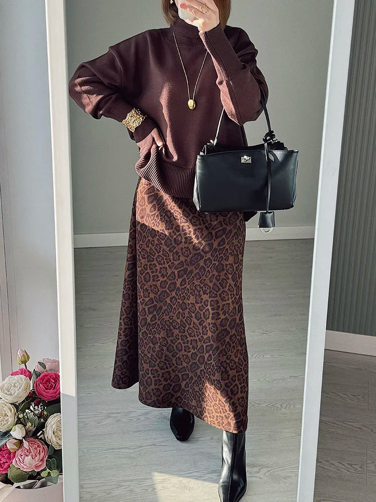 Leopard Print Suede Maxi Skirt – Women's Autumn Winter