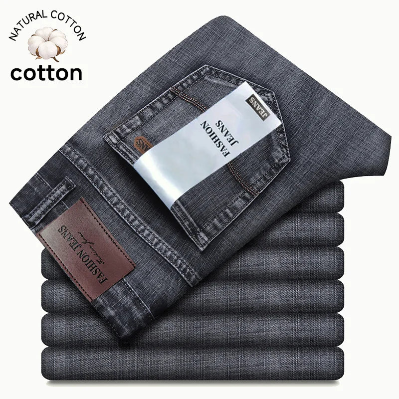 Autumn Winter Men's Jeans Classic Retro Grey Denim Pants Man Work Slim Straight Stretch Cotton Trousers Streetwear Plus Size 40