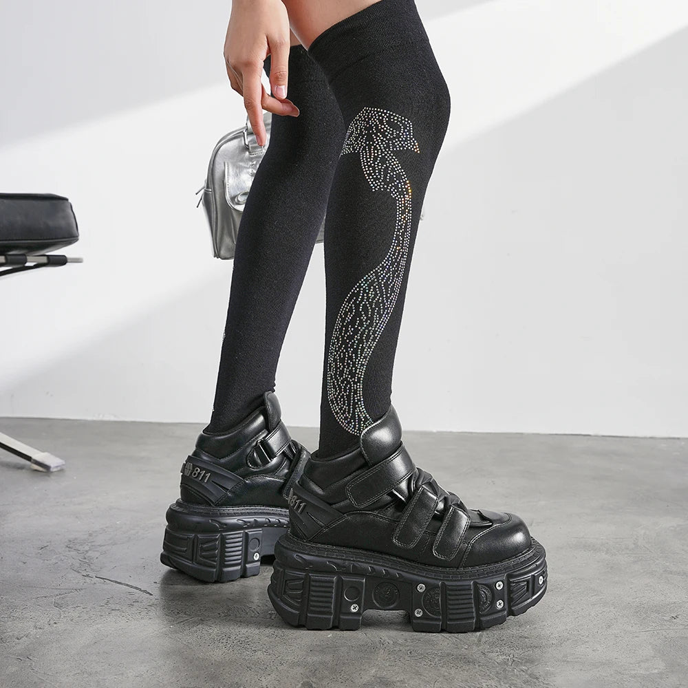 2026 New Punk Style Women Shoes Lace-up Heel Height 6CM Platform Shoes Woman Metal Decor Woman Sneakers Gothic Ankle Rock Boots