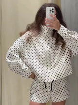 Fashion Polka Dot Shorts Sets For Women 2026 Spring Drawstring Bomber Jacket High Waist Shorts 2 Pieces Set Woman Outfits