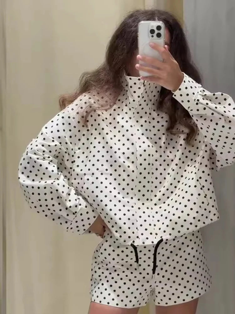 Fashion Polka Dot Shorts Sets For Women 2026 Spring Drawstring Bomber Jacket High Waist Shorts 2 Pieces Set Woman Outfits