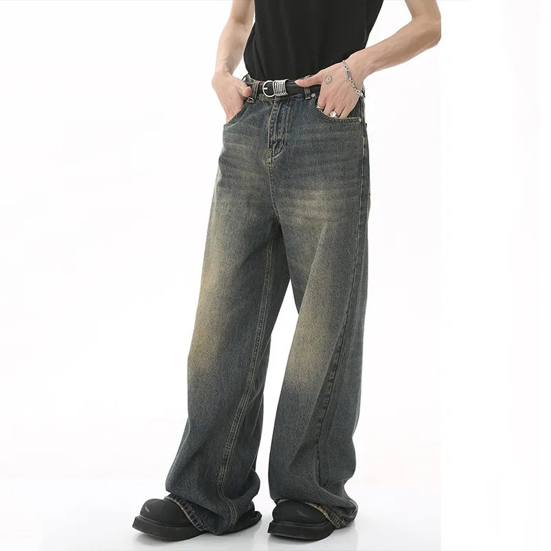 Men's Washed Blue Loose Straight-Leg Jeans