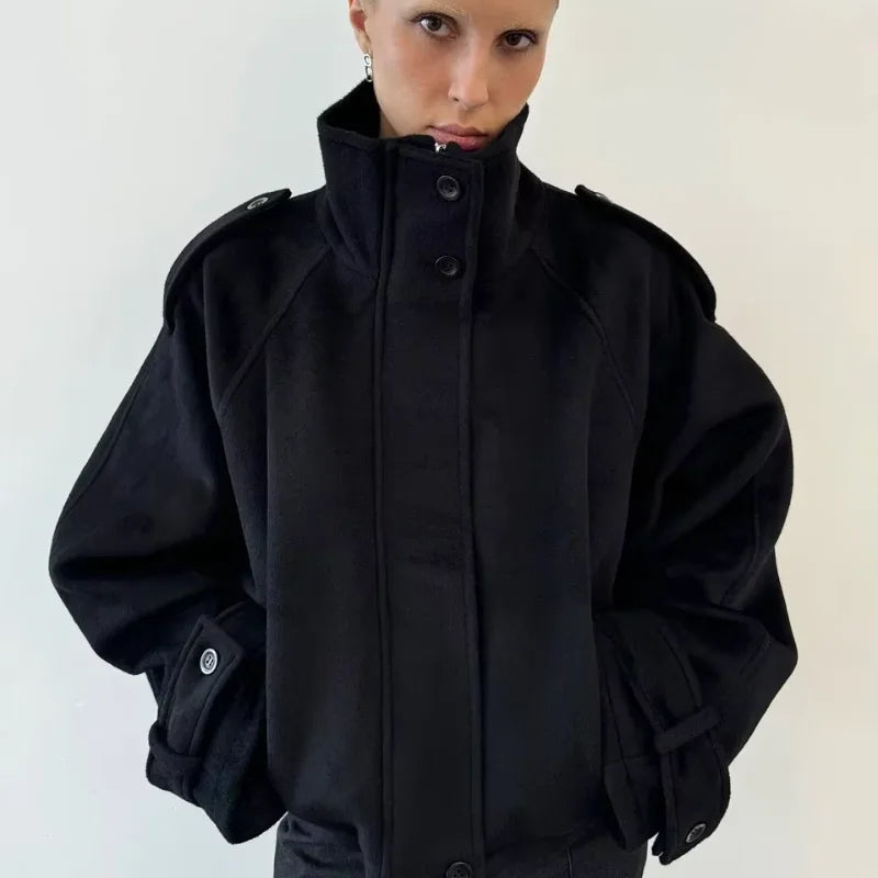 Fashion Short Woolen Coat Women Stand Collar Single-breast Full Sleeve Loose Pocket Jacket Female 2026 Autumn Solid Lady Outwear