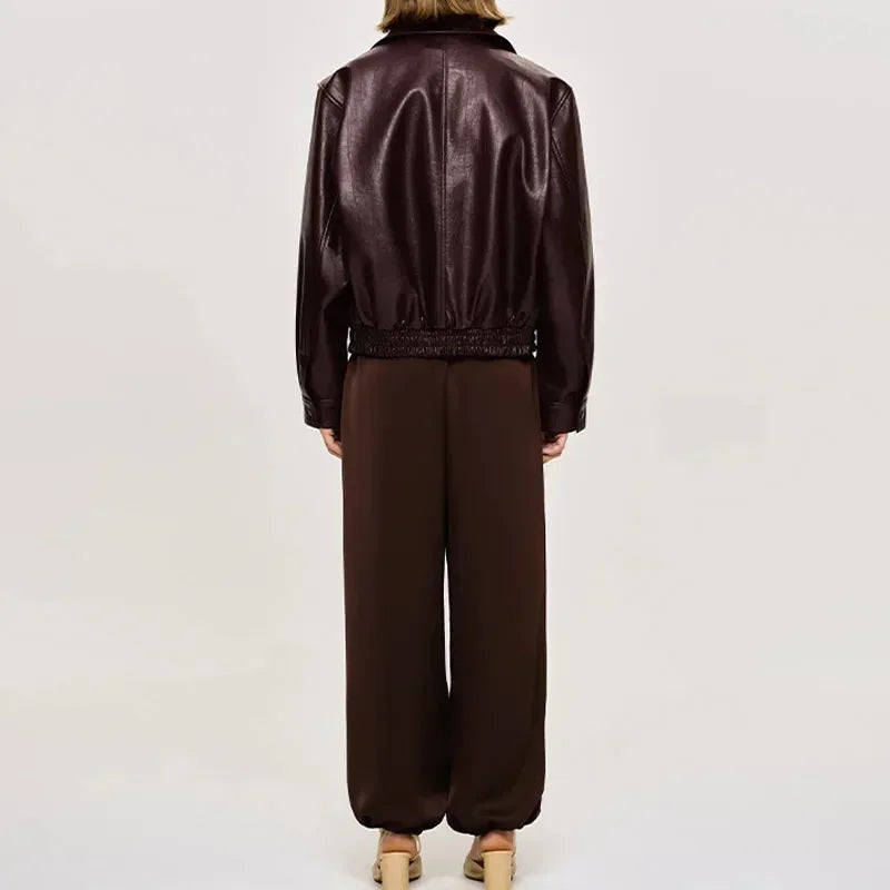 Vintage Wine Red Loose Short Leather Jacket Women Fashion Lapel Long Sleeves Zipper Cropped Coat 2025 Autumn Lady Street Outwear