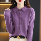 Polo Collar Spun Wool Cardigan – Elegant Single-Breasted Knit Jacket