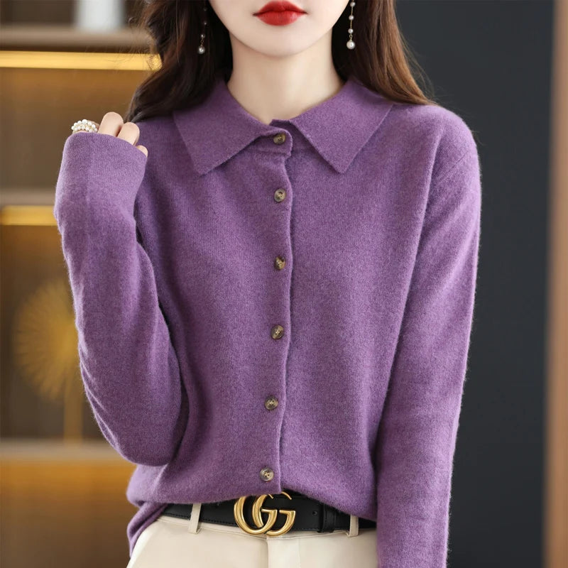 Polo Collar Spun Wool Cardigan – Elegant Single-Breasted Knit Jacket