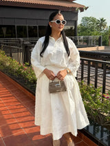 HH Women Tassel Sets White Turn-Down Collar Single-Breasted Shirts+High Waist Zipper A-Line Long Skirts Female Holiday Suit