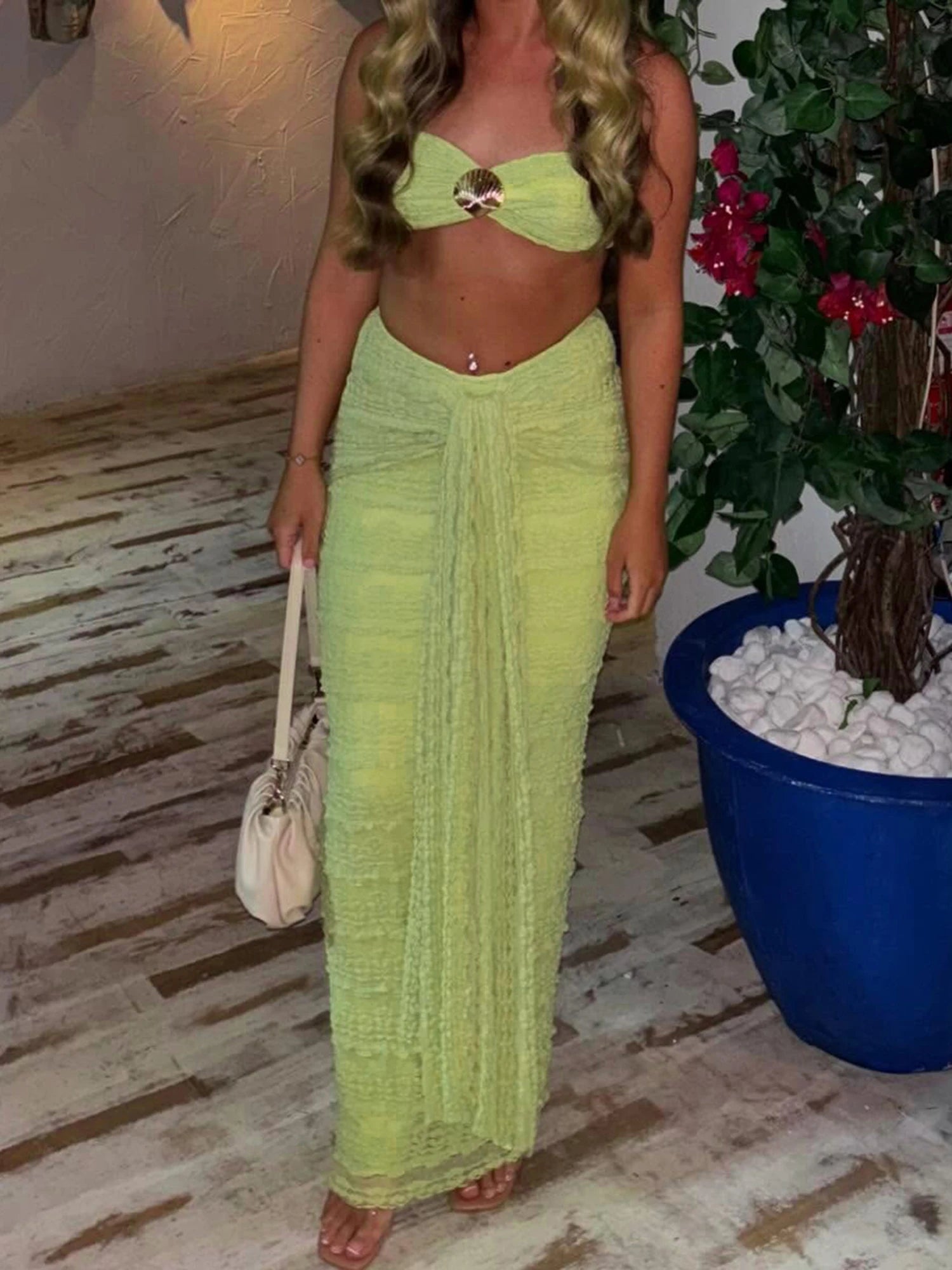 Shell Print Bandeau & Tie-Front Skirt Set