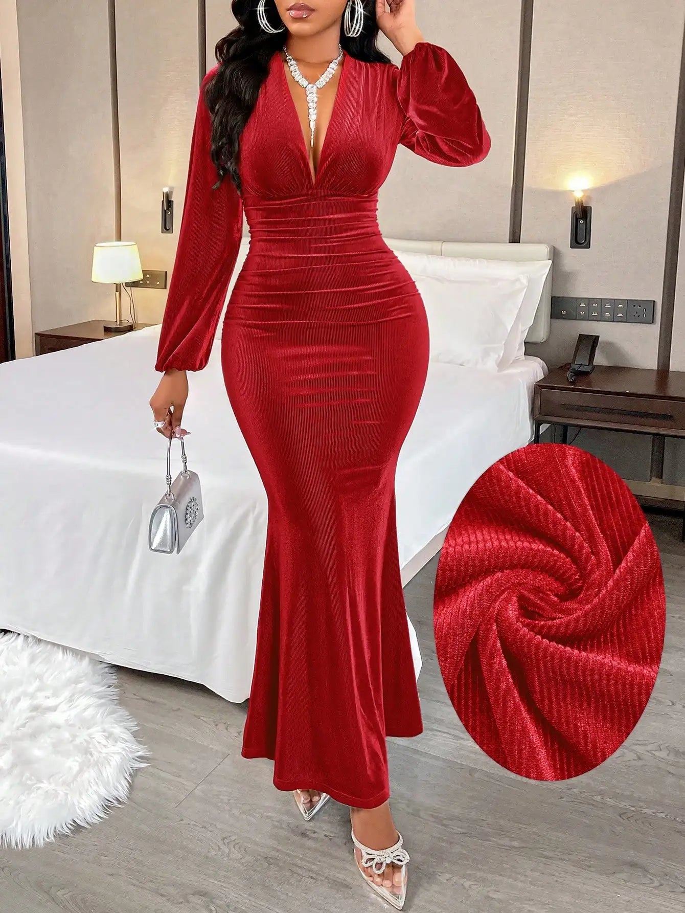 Women’s Elegant V-Neck Velvet Mermaid Evening Gown