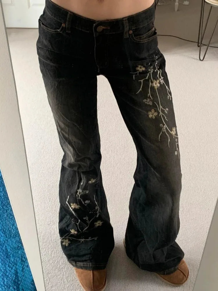 Weekeep Floral Embroidery Low Rise Flared Jeans Women