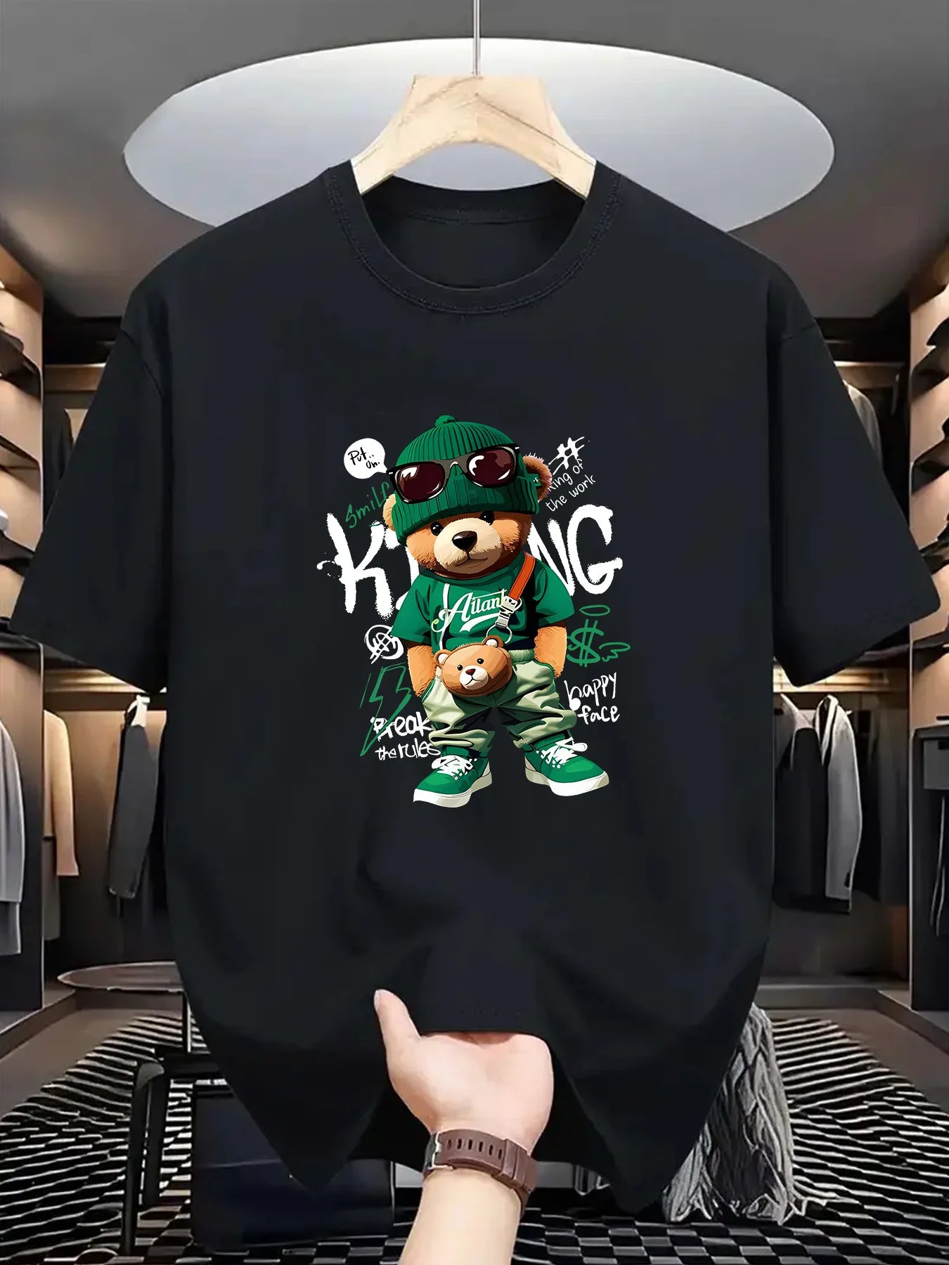 Men’s Geometric Bear Print 100% Cotton Oversized T-Shirt