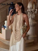 Fashion Women's Pleated Halter Vest Loose Sleeveless Backless Female Feshion Tops 2026 Summer Lady Chic All-match Solid Vests