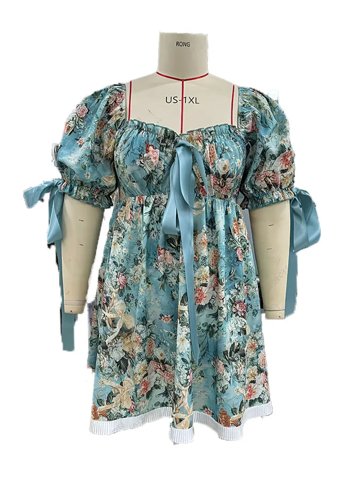 Women's Plus Size Floral Print Flare Sleeve Mini Dress