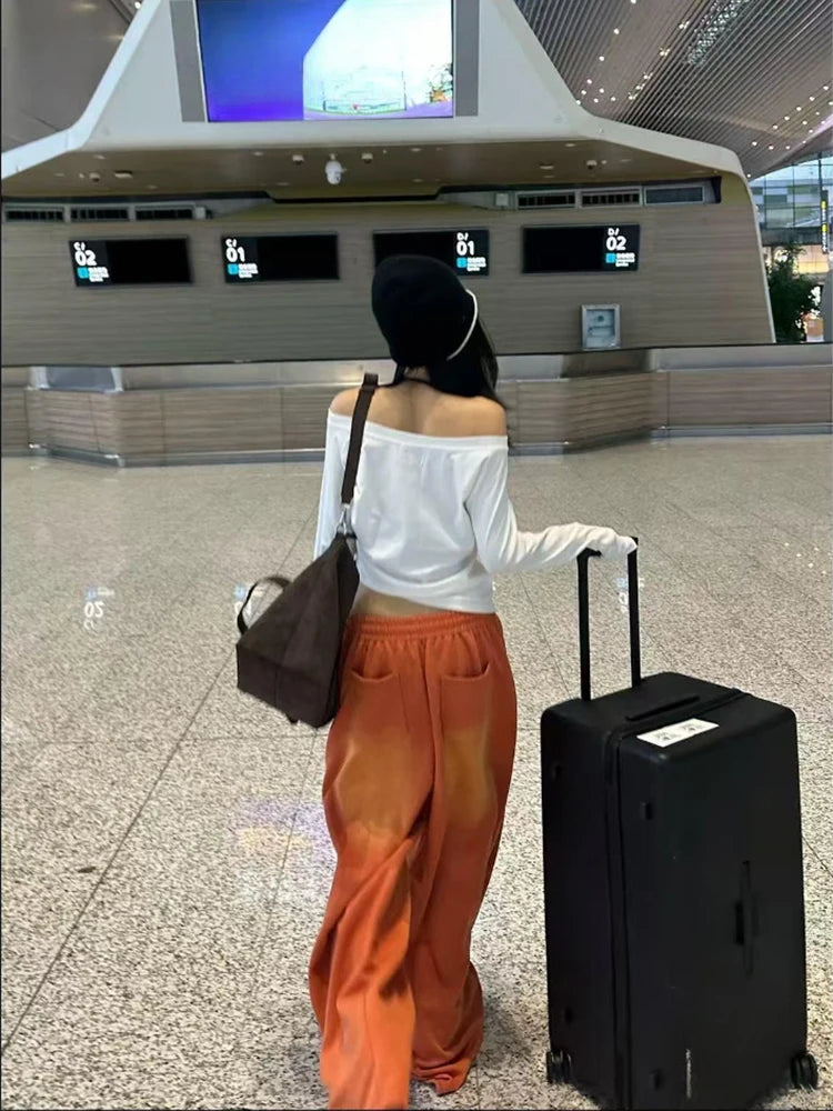 Women's Orange Washed Wide Leg Cotton Jeans