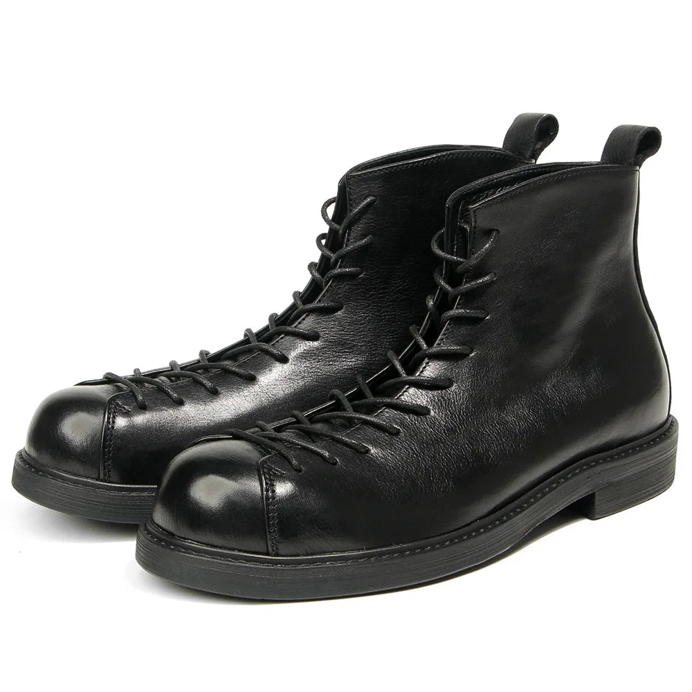 KOWM Hiking shoes men's walking boots British thick soled cowhide high top motorcycle boots ankle sneakers  casual trekking shoe