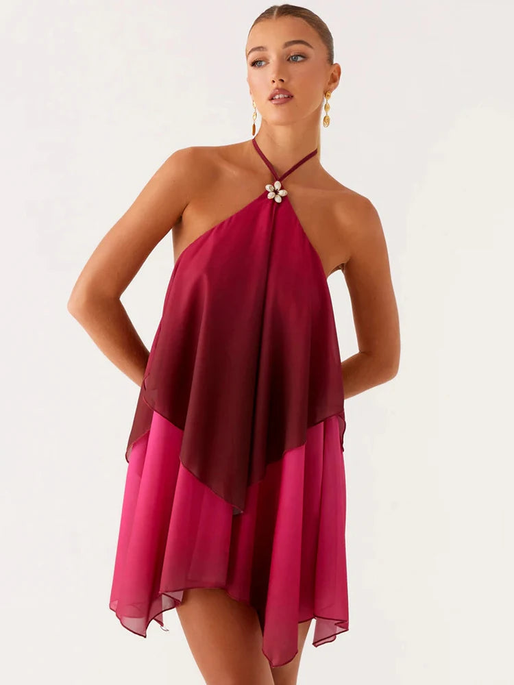 Women's Gradient Halter Backless Mini Dress – Elegant Mesh Off-Shoulder Party Gown