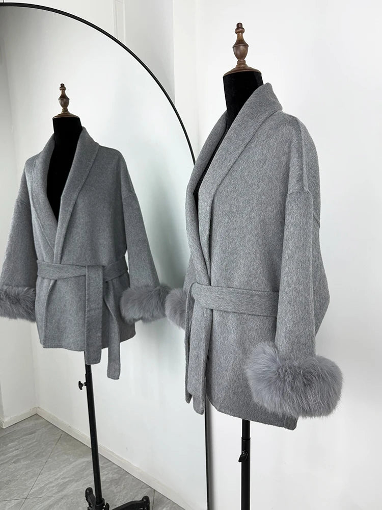 Elegant Fox Fur & Double-Sided Wool Coat