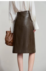 AMII Minimalist PU Leather Skirt for Women