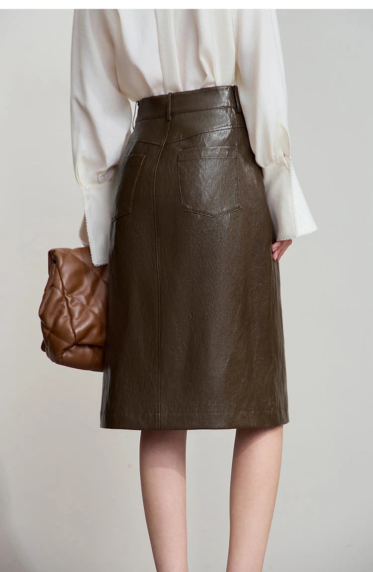 AMII Minimalist PU Leather Skirt for Women