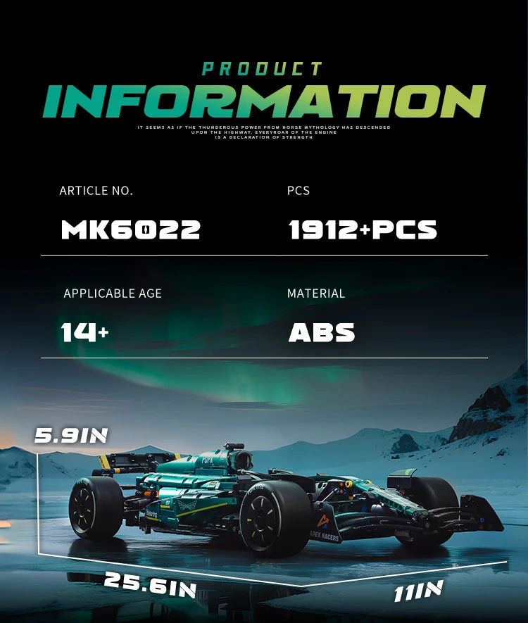 MK6022 1912PCS 1:8 New Technic Martin Aramco AMR25 Building Blocks MOC Sports Car DIY Assembly Model Set Toy Gifts for Boy Decor