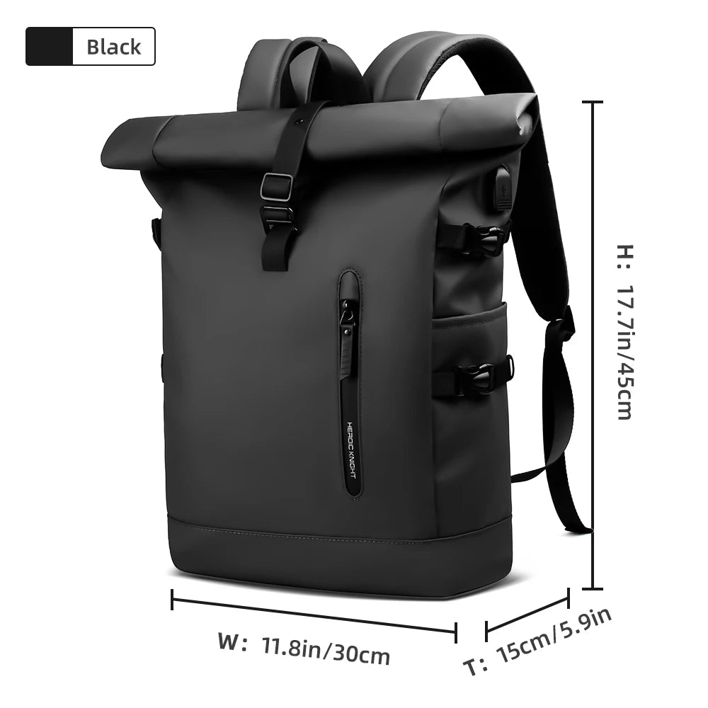 Heroic Knight Men's Backpack Waterproof Roll Top Backpack Women Travel Expandable USB Charging Large Capacity Laptop Bag Mochila