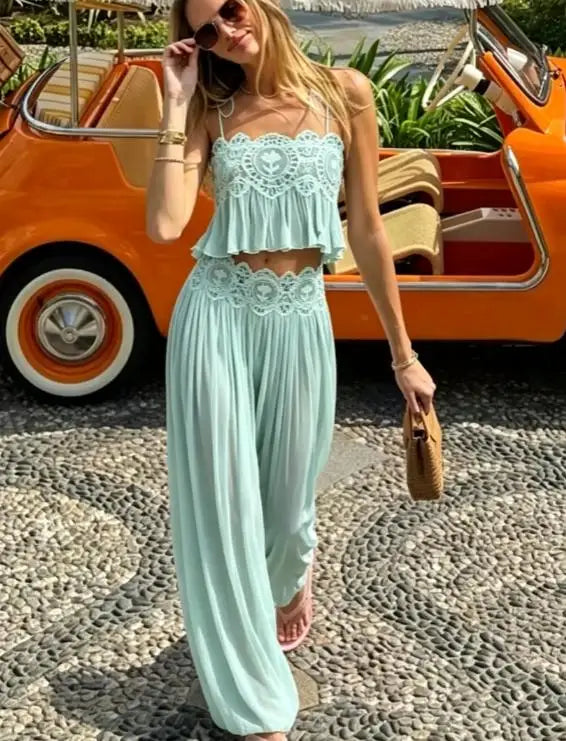 Women Floral Lace Sheer Layers Skirt Set Suspenders Ruffle Top High Waist Maxi Skirts 2026 Summer Beach Vacation Female Outfits