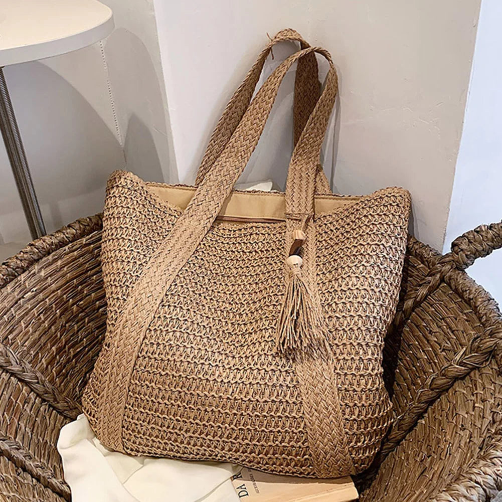 Woven Handbags Ladies Summer Woven Totes Bag with Tassel Women Shoulder Bag Large Capacity Fashion Straw Female Shopper Bag