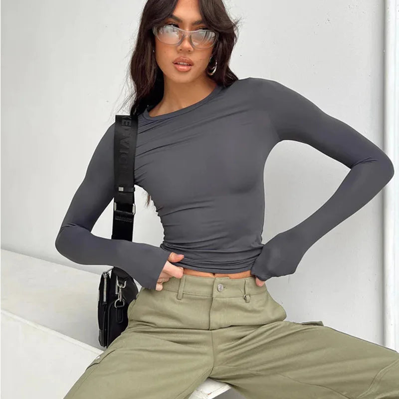Slim Fit Long Sleeve Base Tee - Solid Casual Pullover