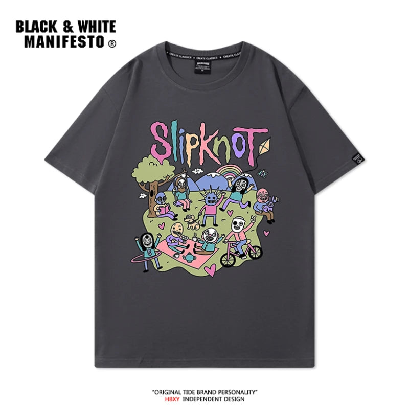 Rock Retro Slipknot T-Shirt Short Sleeve Men's Heavy Metal Cartoon Printed Loose Top Half Sleeve