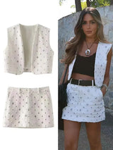 Elegant Sequin Skirt Sets For Women 2 Pieces Shinny Sleeveless Vest Women Suits 2024 Summer Fashion Zipped Skirts Set
