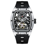 MINI FOCUS Men Wristwatch Fashion Black Waterproof Automatic Mechanical Watch with Luminous Hands Silicone Strap Tonneau Dial